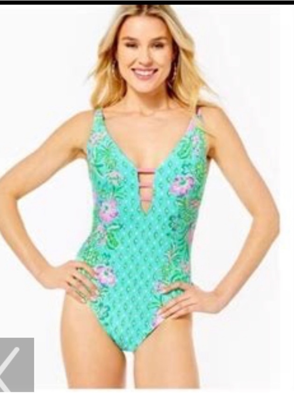 Lilly Pulitzer Jaspen Turquoise Floral One-Piece Swimsuit with Plunge V-Neck